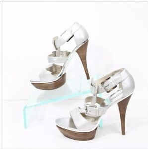 MICHAEL Michael Kors Platform Heel Women Silver Stiletto Sandal Sz 6.5